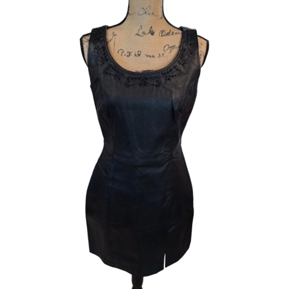 David Benjamin Black‎ Genuine Leather Beaded Scoop Neck Mini Dress Size 8